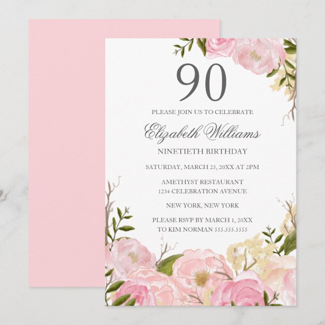 Convite de Aniversário de 90 Anos Pink Blush Water (Frente/Verso)