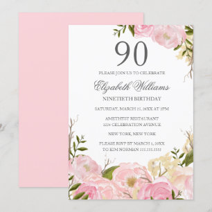 Convite de Aniversário de 90 Anos Pink Blush Water
