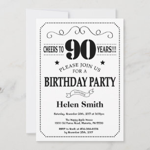 Convite de Aniversário de 90 anos Preto e Branco