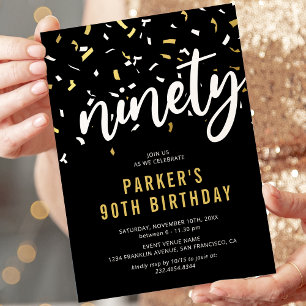 Convite de Aniversário de 90 anos Preto e Dourado