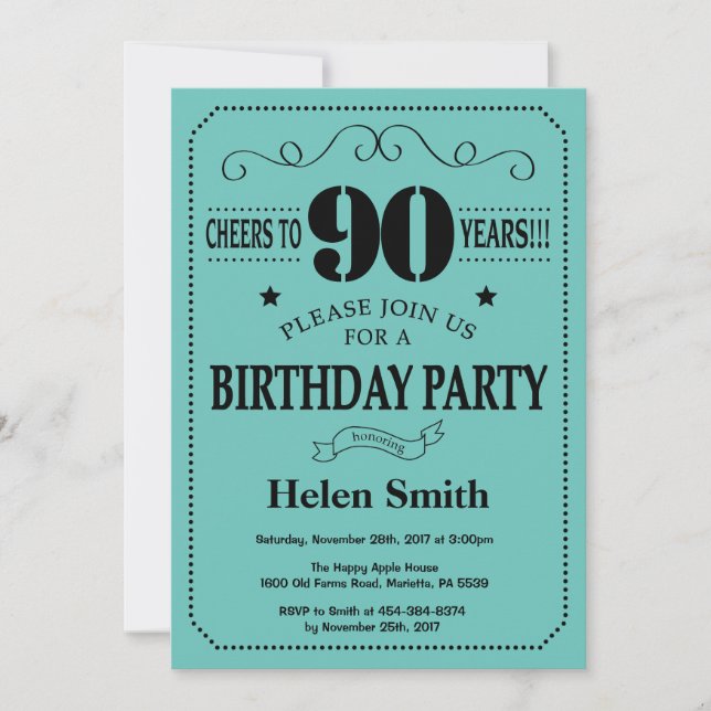 Convite de Aniversário de 90 anos Preto e Teal (Frente)