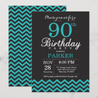 Convite de Aniversário de 90 anos Preto e Turquesa