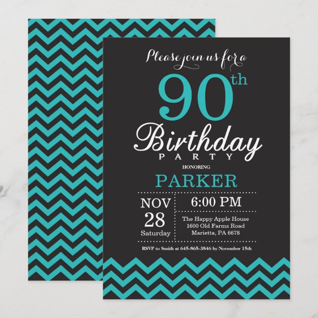 Convite de Aniversário de 90 anos Preto e Turquesa (Frente/Verso)