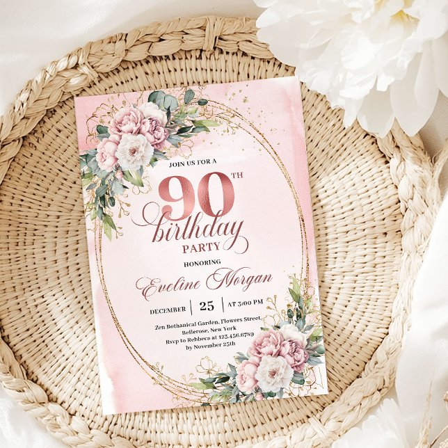 Convite de Aniversário de 90 anos Rosa Dourado Rom (Romantic Rose Gold Greenery 90th Birthday Invitation)