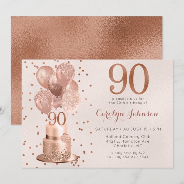 Convite de Aniversário de 90 Anos Rose Gold Cake (Frente/Verso)