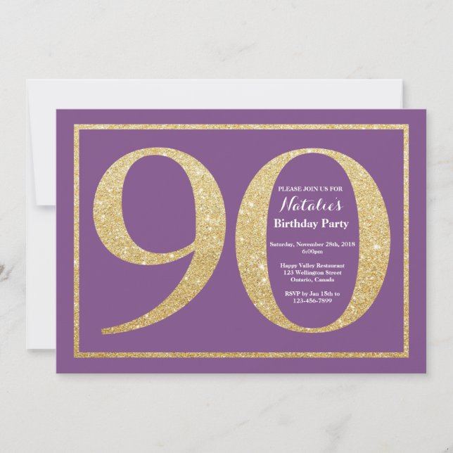Convite de Aniversário de 90 anos Roxo e Dourado c (Frente)