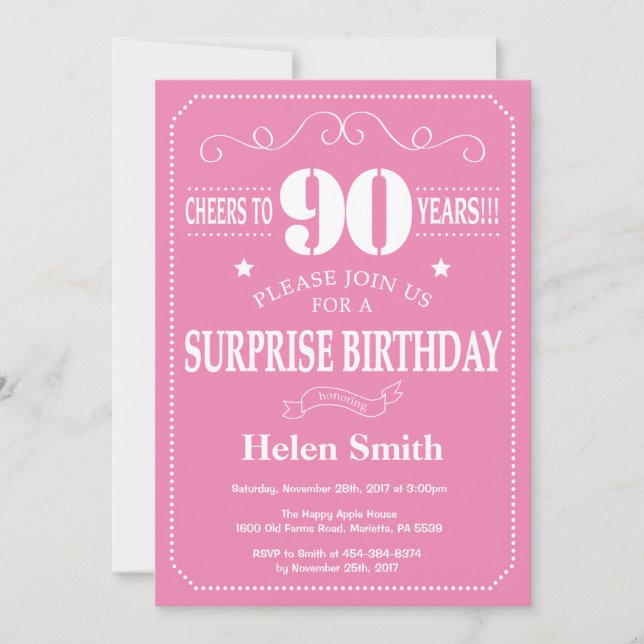 Convite de Aniversário de 90 anos Surpresa Rosa e  (Frente)