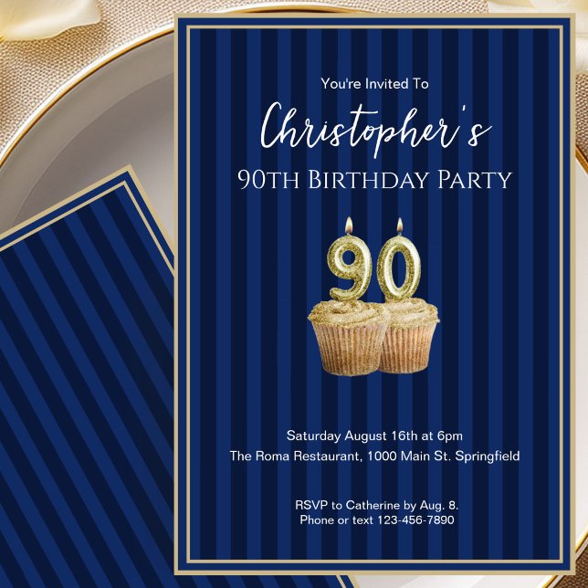 Convite de Aniversário de 90 anos Único Azul Doura (Criador carregado)