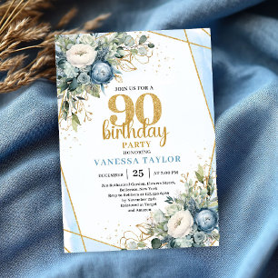 Convite de Aniversário de 90 anos Watercolor Blue 