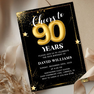 Convite de aniversário de 90 de Balões Dourados Pr