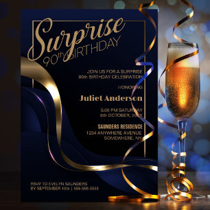 Convite de aniversário de 90 Dourado azul