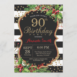 Convite de aniversário de 90. Vermelho Natal Doura