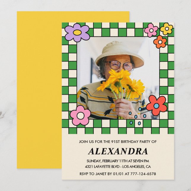 Convite de aniversário de 91 anos com foto Floral  (Frente/Verso)