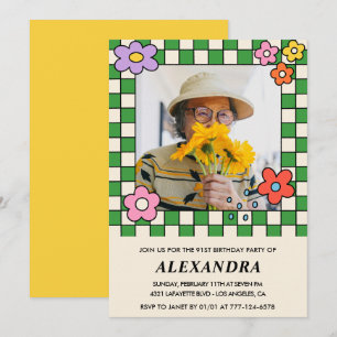 Convite de aniversário de 91 anos com foto Floral 