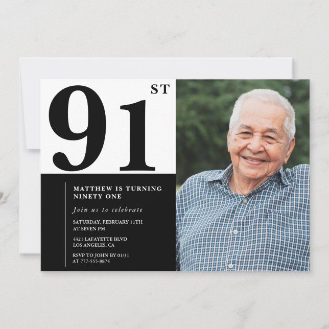 Convite de Aniversário de 91 anos Preto e Branco c (Frente)