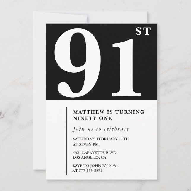Convite de aniversário de 91 anos preto e branco e (Frente)