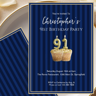 Convite de Aniversário de 91 Anos Único Azul Doura
