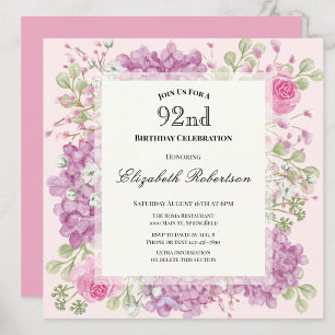 Convite de Aniversário de 92 Anos Elegantes Flores
