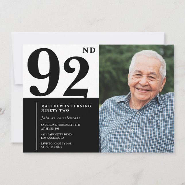 Convite de Aniversário de 92 Anos Preto e Branco c (Frente)