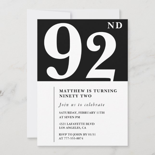 Convite de aniversário de 92 anos preto e branco e (Frente)