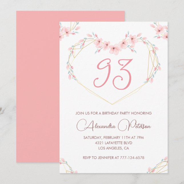Convite de aniversário de 93 anos em floral boho c (Frente/Verso)