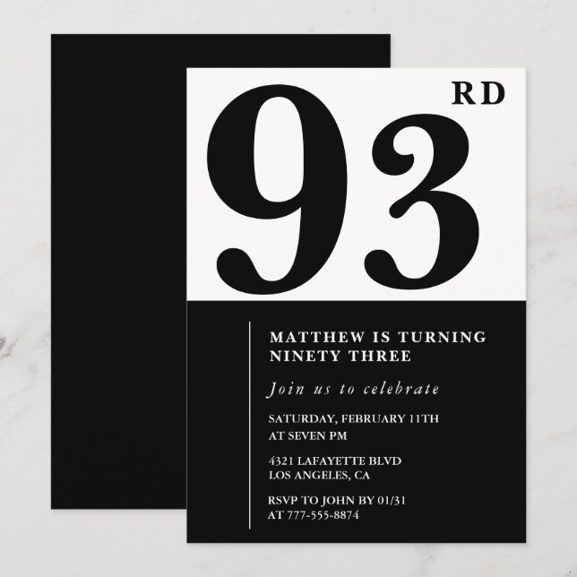 Convite de aniversário de 93 anos preto e branco c (Frente/Verso)