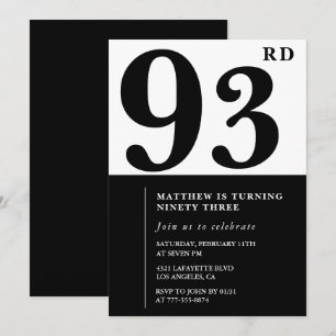 Convite de aniversário de 93 anos preto e branco c