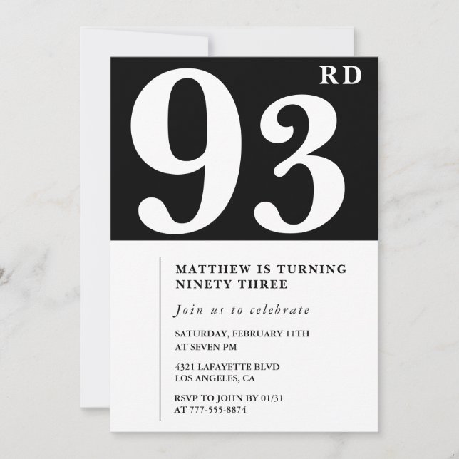 Convite de aniversário de 93 anos preto e branco e (Frente)
