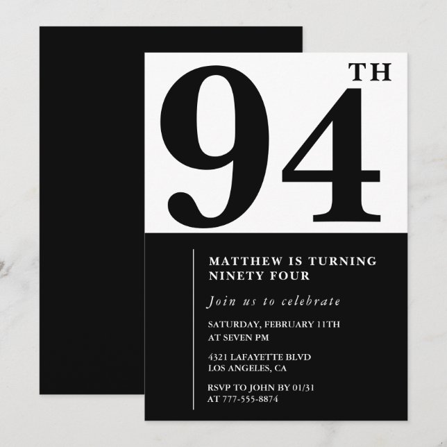 Convite de aniversário de 94 anos Chic Preto e Bra (Frente/Verso)
