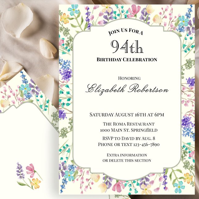 Convite de Aniversário de 94 Anos com Florais Colo (Criador carregado)