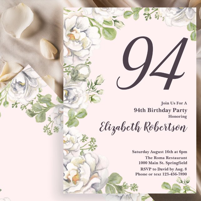 Convite de Aniversário de 94 anos com Peônias Flor (Criador carregado)