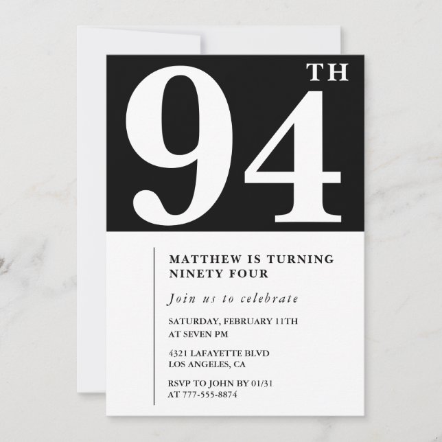 Convite de aniversário de 94 anos preto e branco e (Frente)