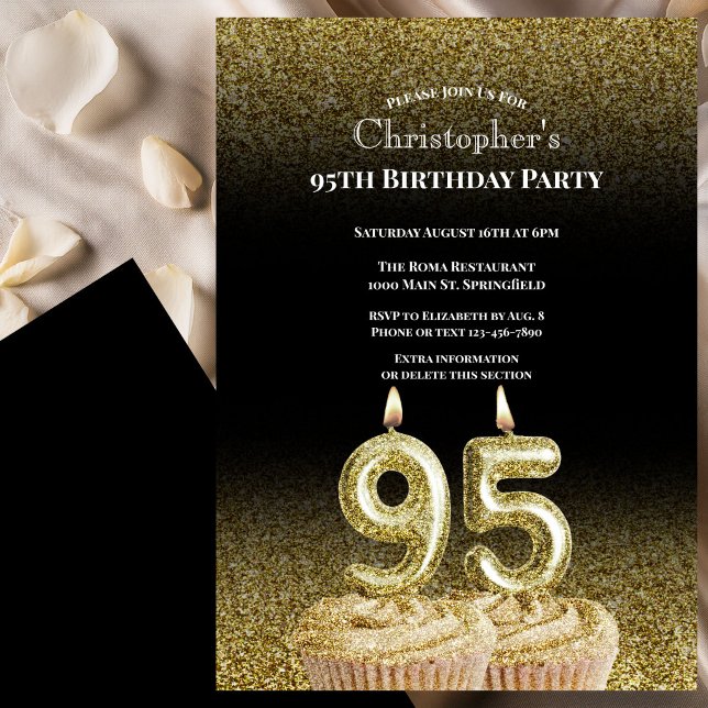 Convite de Aniversário de 95 anos Preto e Dourado  (Criador carregado)