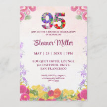 Convite de Aniversário de 95 Anos Rosa Floral Eleg
