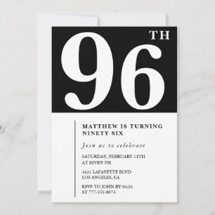 Convite de aniversário de 96 anos preto e branco e