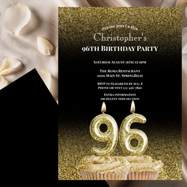 Convite de Aniversário de 96 anos Preto e Dourado  (Criador carregado)