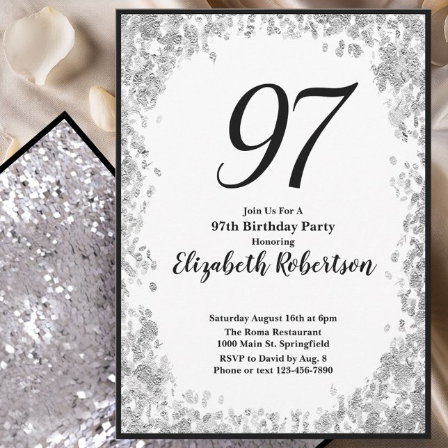Convite de Aniversário de 97 anos Elegante Prata e (Criador carregado)