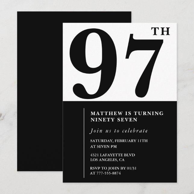 Convite de aniversário de 97 anos preto e branco C (Frente/Verso)