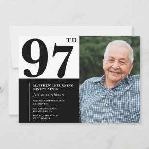 Convite de Aniversário de 97 anos Preto e Branco c