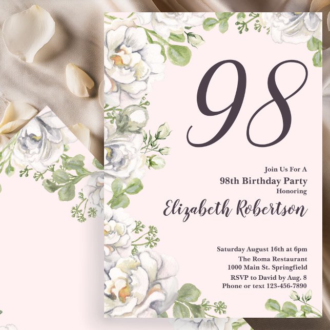 Convite de Aniversário de 98 anos Blush Pink Flora (Criador carregado)