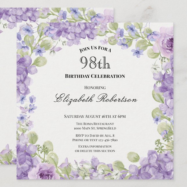 Convite de Aniversário de 98 anos Elegante Floral  (Criador carregado)