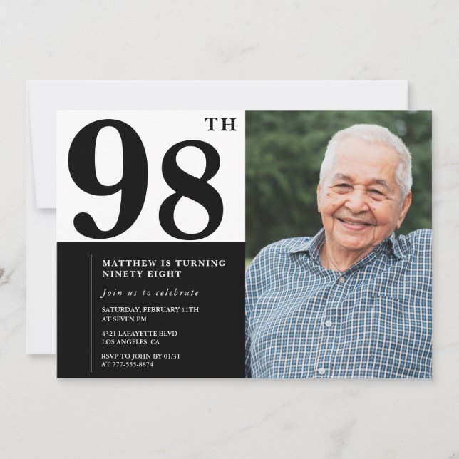 Convite de Aniversário de 98 anos Preto e Branco c (Frente)