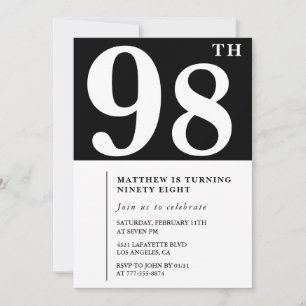 Convite de aniversário de 98 anos preto e branco e