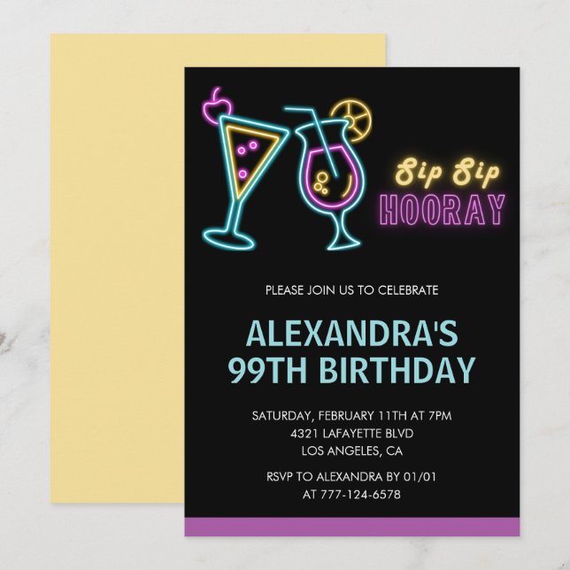 Convite de Aniversário de 99 anos Black Neon Glow  (Frente/Verso)
