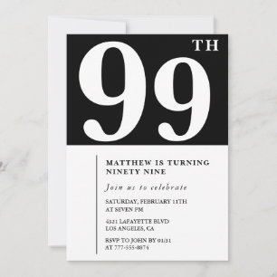 Convite de aniversário de 99 anos preto e branco e