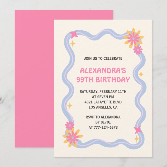 convite de aniversário de 99 anos Retro Groovy Ros (Frente/Verso)