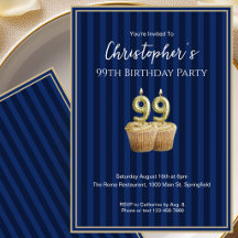 Convite de Aniversário de 99 anos Único Azul Doura