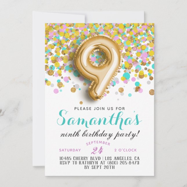 Convite de Aniversário de 9 anos com Confetes (Frente)