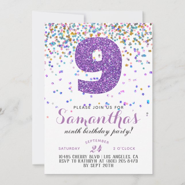 Convite de Aniversário de 9 anos com Confetes (Frente)