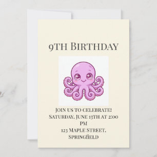 Convite de Aniversário de 9 Anos do Bebê Polvo Fof